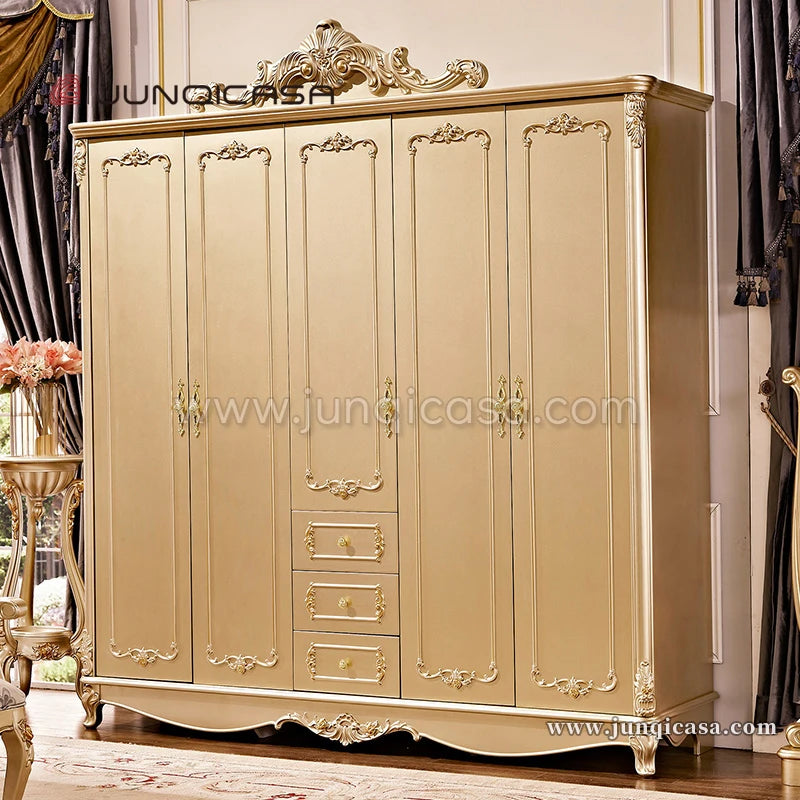 Luxury Antique 4-Door Wardrobe – Classic Gold Solid Wood Bedroom Furniture