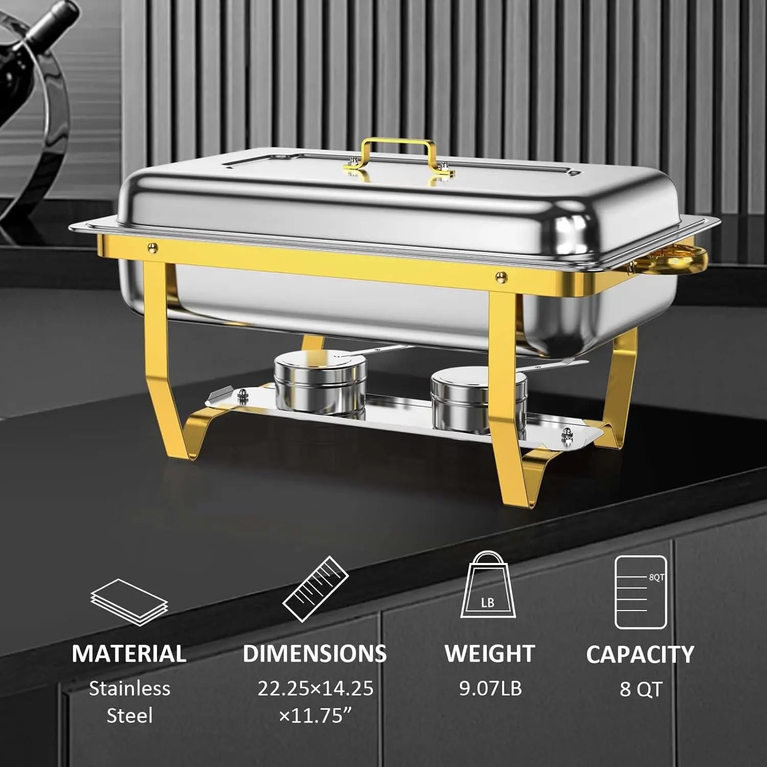 8QT High-Grade Chafing Dishes – Buffet Warmers with Gold Rolled-Edge Design, Ideal for Weddings & Birthdays