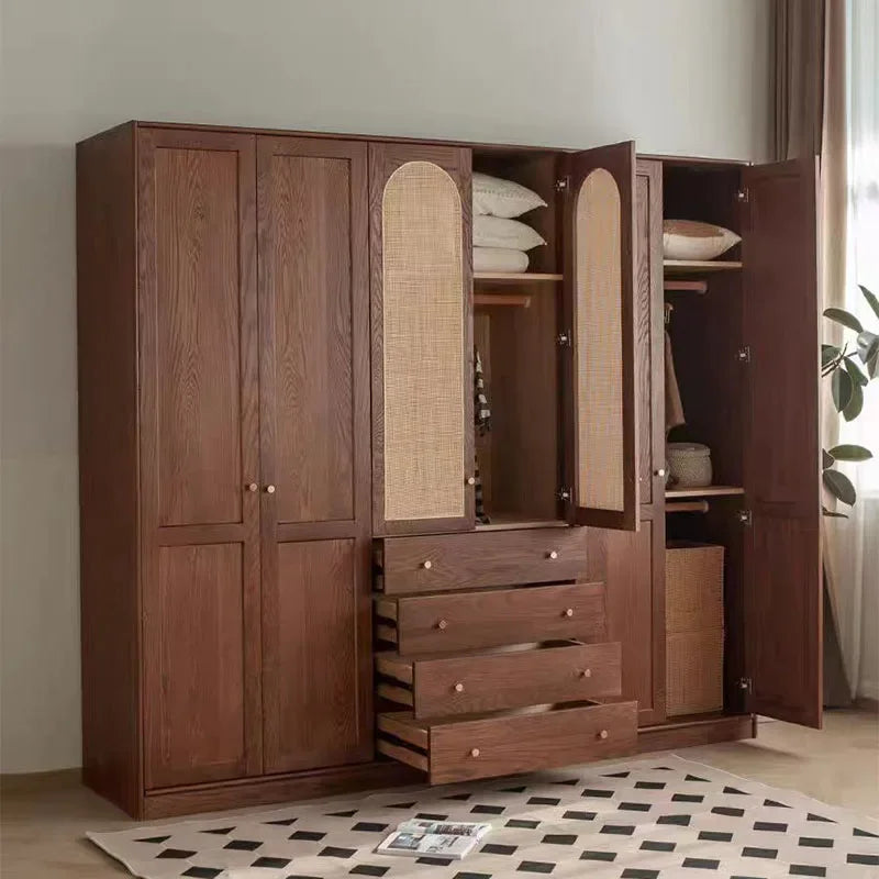 Nordic solid wood wardrobe oak walnut color bedroom rattan simple wardrobe cherry wood log custom
