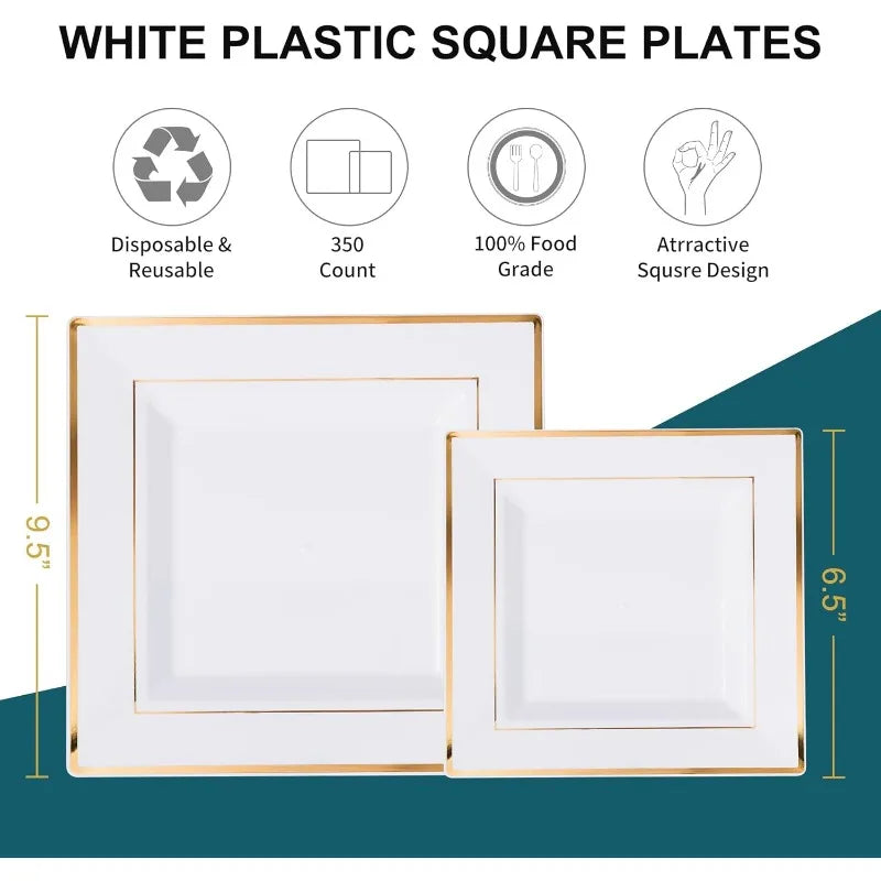 50-Guest Gold Dinnerware Set – 100 Square Plastic Plates with Gold Rim, Forks, Spoons, Knives, Cups & Napkins