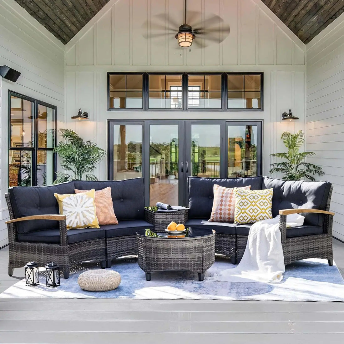 9-Piece Outdoor Patio Furniture Set: Half-Moon Curved Rattan Sectional Sofa with Wood Armrests for Stylish Conversation.