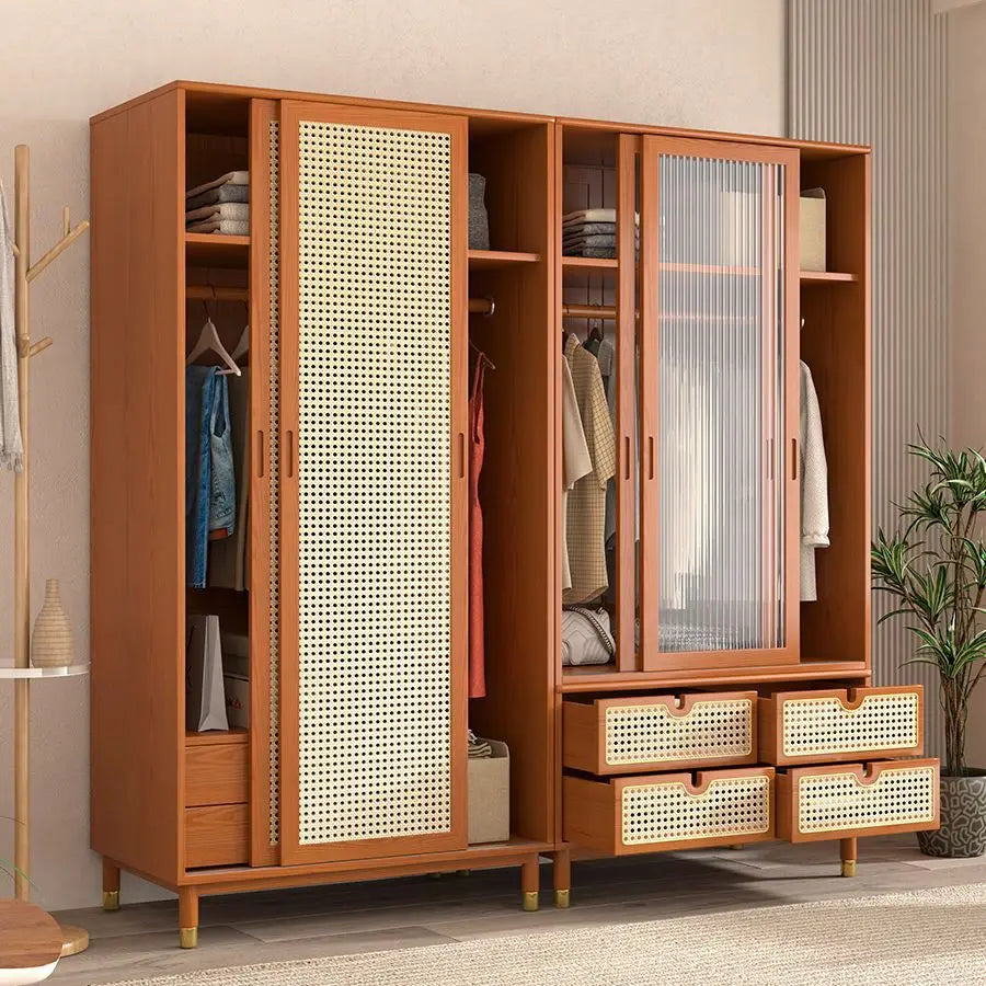 Solid wood double-door wardrobe bedroom storage lockers household sliding door rattan wardrobe simple
