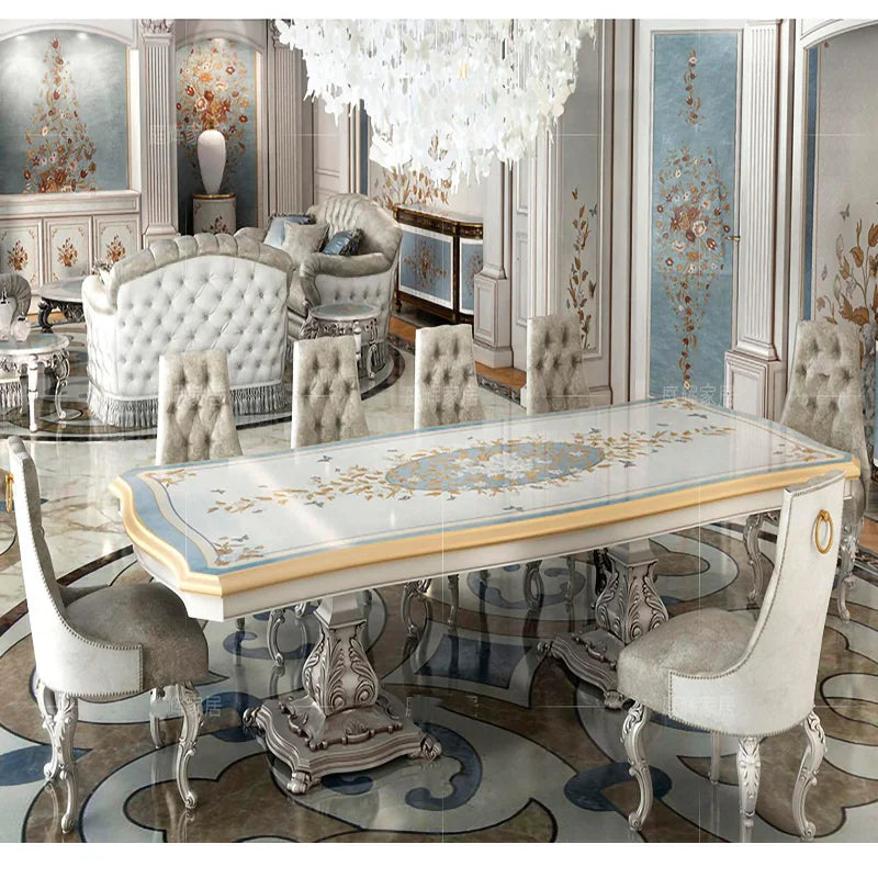 European deluxe solid wood carving dining table and chair combination villa shell painting large family customization