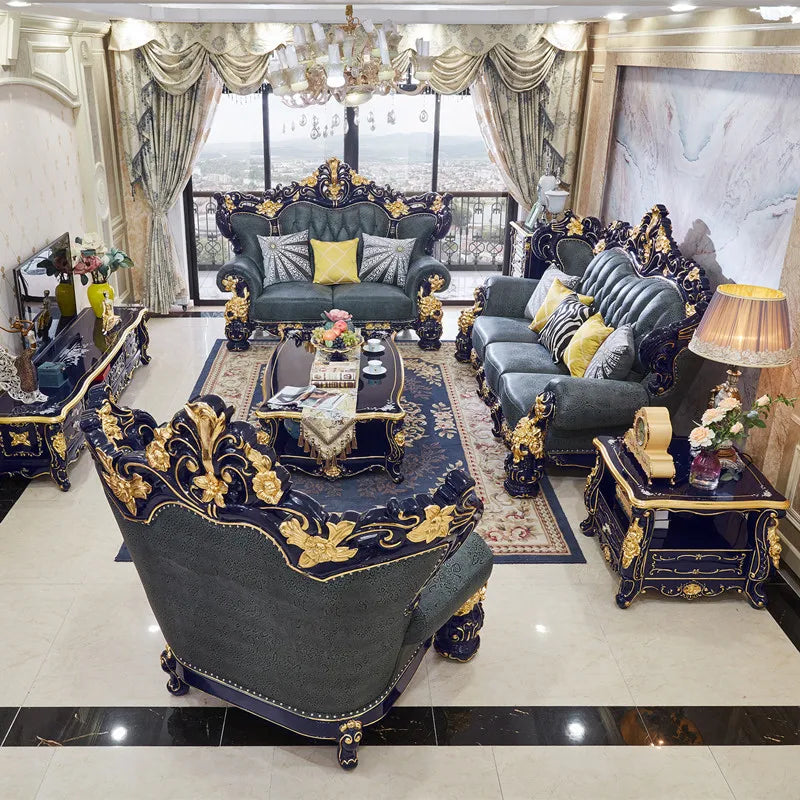 European Style Sofa Set: 123 Leather with Solid Wood Carvings, Modern Couch in Top Layer Cowhide