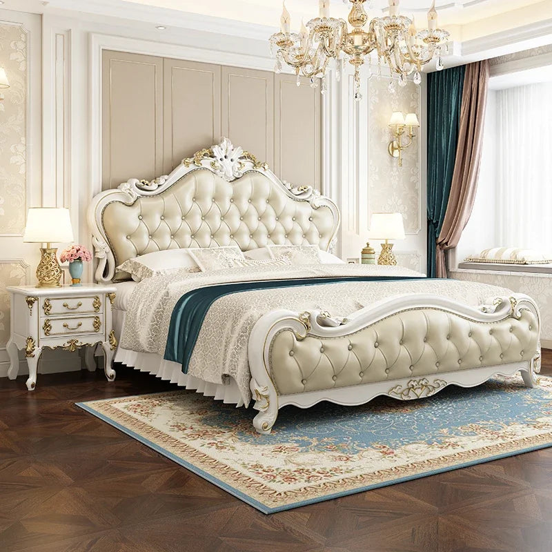 European King Size Double Bed in Luxury White Wood and Leather