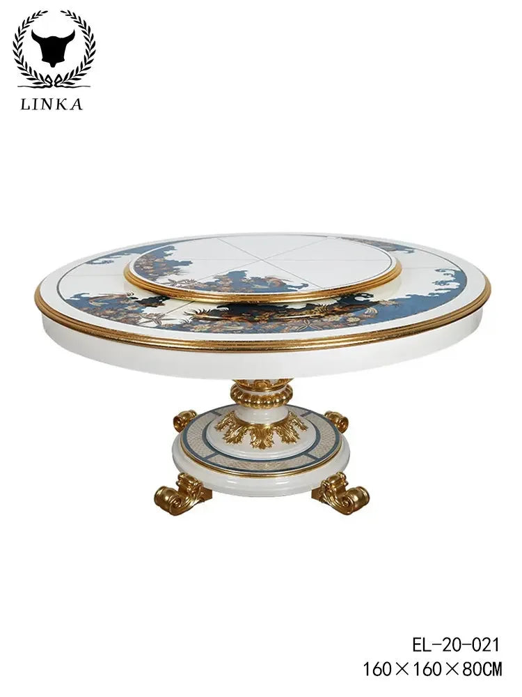 European French Romantic Round Dining Table: Solid Wood with Turntable, Perfect for Villa Living Rooms.
