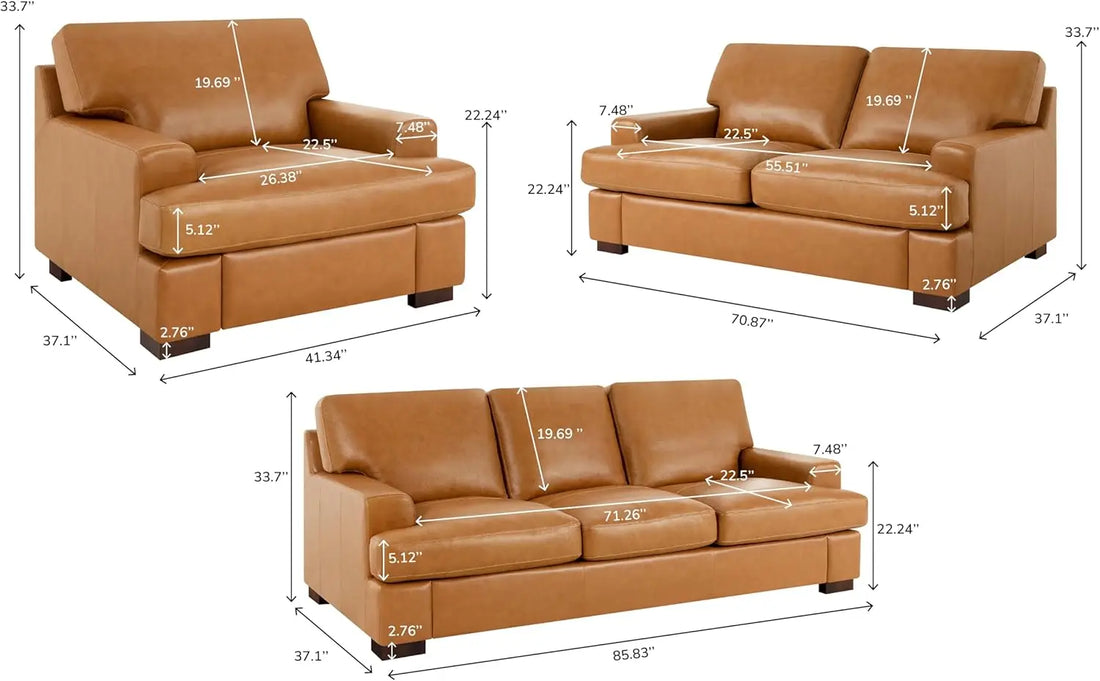 Siggy Genuine Leather Sofa Set of 3 Luxurious Comfort Goose Feather Cushion Filling Square Arm Design Sturdy Block Legs