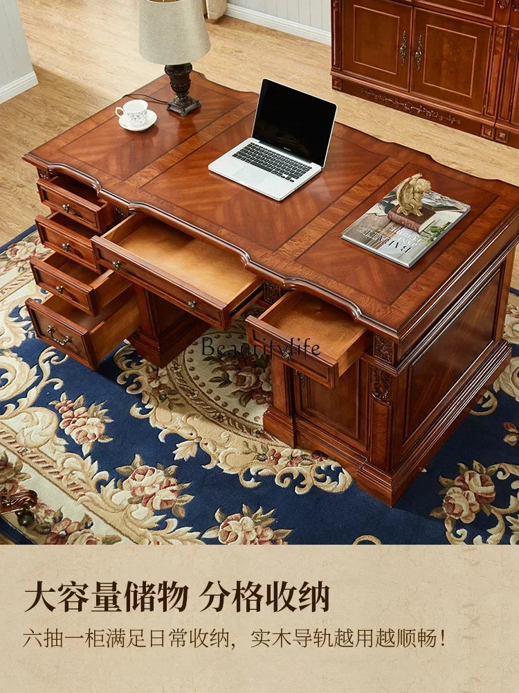 European-Style Solid Wood Desk Home American-Style High-End Vintage Engraving Villa Computer Desk
