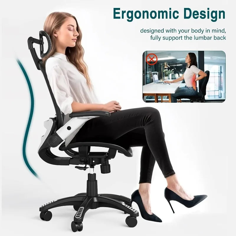 GABRYLLY Ergonomic Mesh Office Chair, High Back Desk Chair - Adjustable Headrest with Flip-Up Arms, Tilt Function