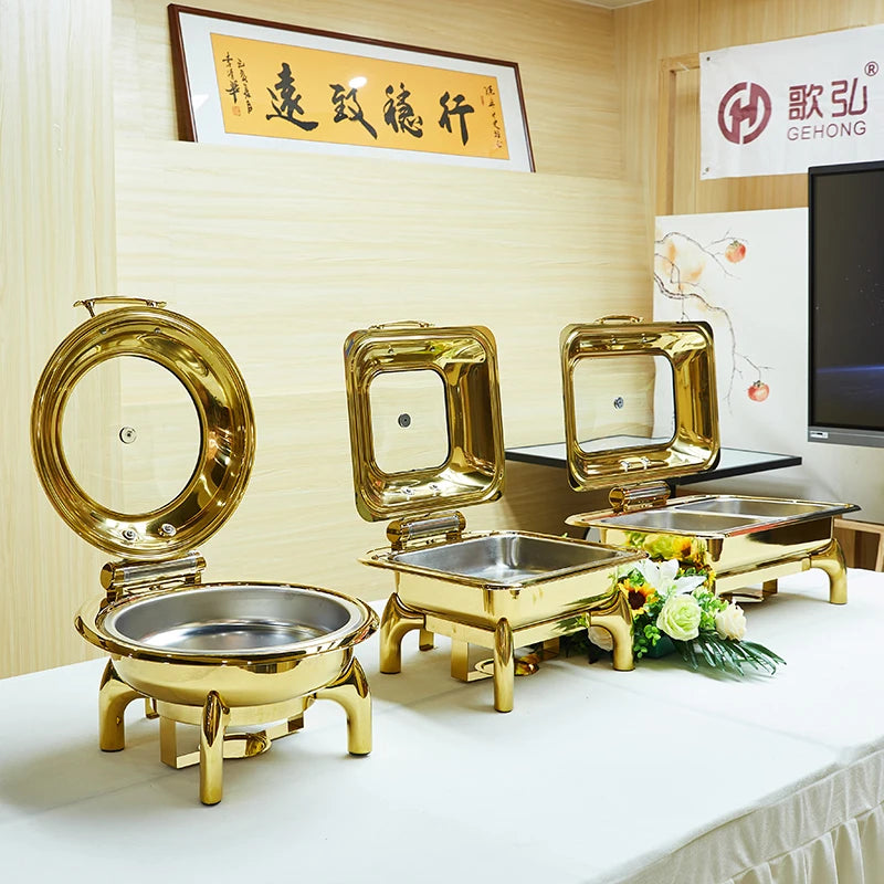 Food-graded Stainless Steel Clamshell Dinner golden Buffet Stove Stainless Steel Buffet Food Warmer Chafing Dish for hotel