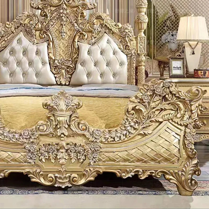 European Style Solid Wood Carved Bed: French Leather Fabric Princess Bed, High-End Custom 1.8-Meter for Italian Villas and Weddings