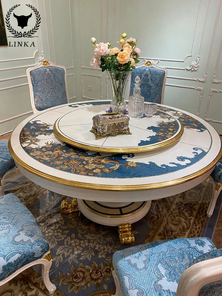 European French Romantic Round Dining Table: Solid Wood with Turntable, Perfect for Villa Living Rooms.