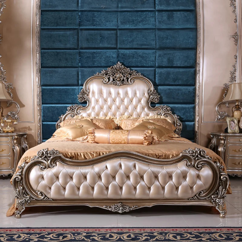 French Baroque leather double bed 1.8M luxury European solid wood master bedroom king bed neoclassical wedding bed