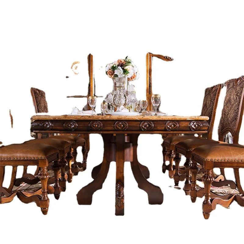 High-Quality Antique European Dining Table Set—French and Italian Hand-Carved Marble