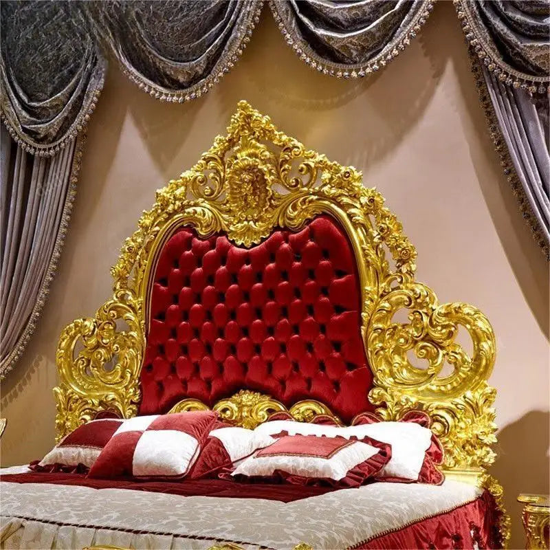 Luxury European style fabric bed Italian court French style gold foil solid wood double bed villa bedroom bedside table