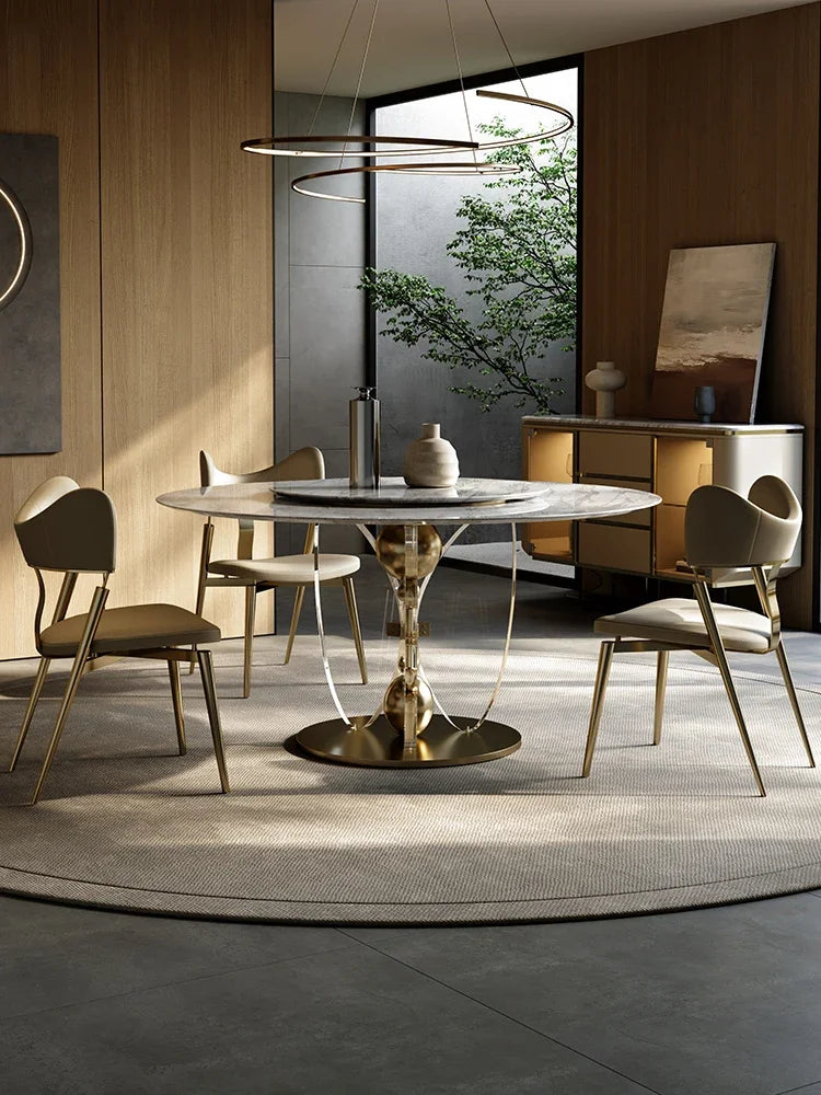 Light Luxury Natural Marble Dining Tables and Chairs Set Villa Rotating round Dining Table with Turntable
