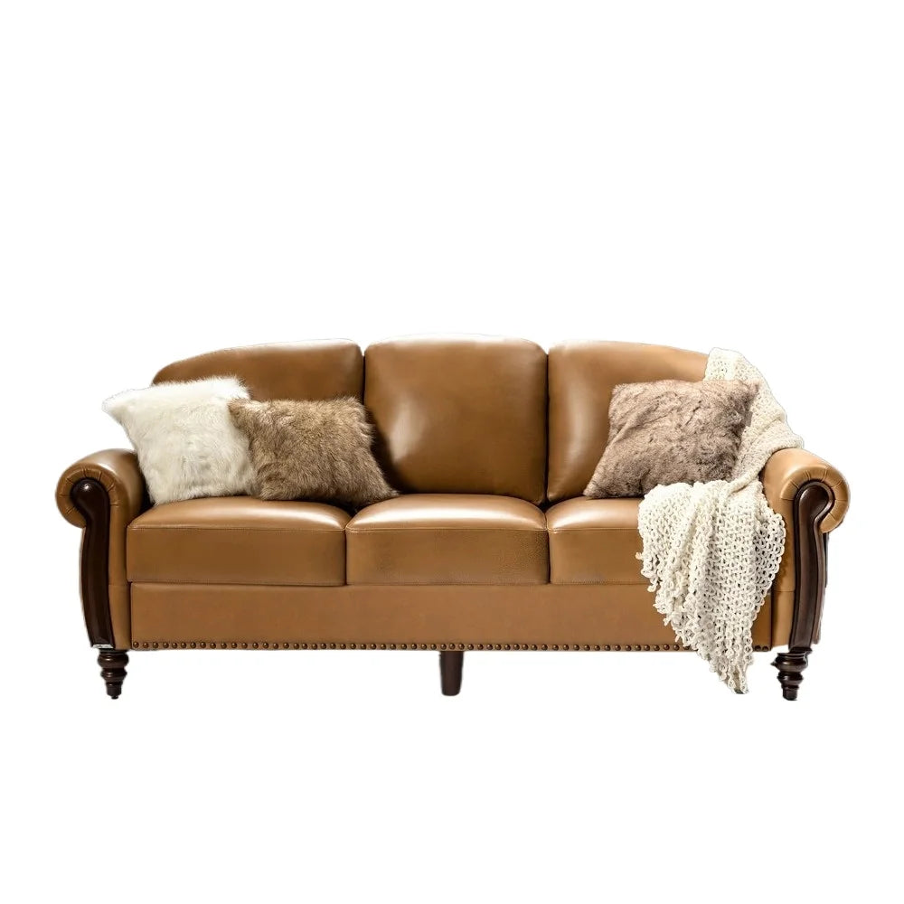 Genuine Leather Sofa 3-Seater Couch Traditional Living Room Sofa with Carved Solid Wood Legs, Camel