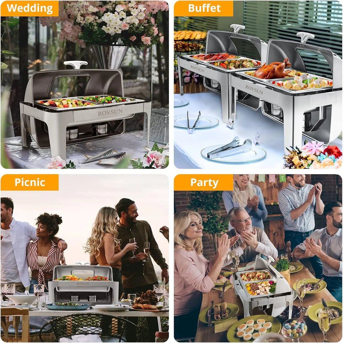 ROVSUN 3 Pack Roll Top Chafing Dish Buffet Set,9 Quart Rectangular NSF Stainless Steel Chafer for Catering,Buffet Servers