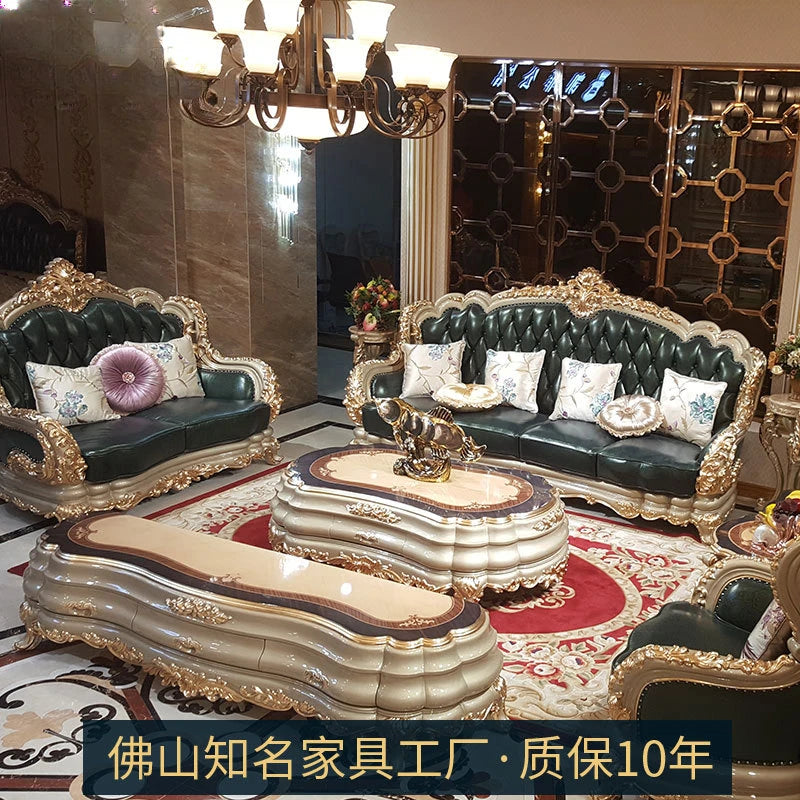 European-style villa leather sofa high-end luxury European and American living room combination high-end atmospheric oak new