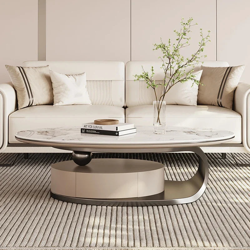 Metal Coffee Table – Modern Elipse Design with Italian White Marble Top