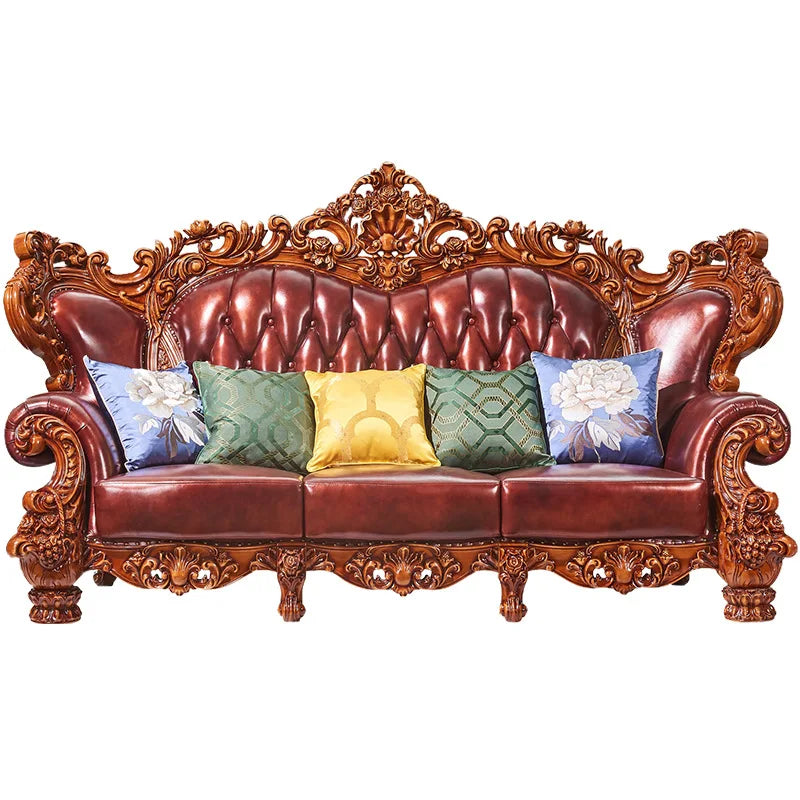 European Style Leather Sofa: 123 Combination, French Design with Oak Carvings