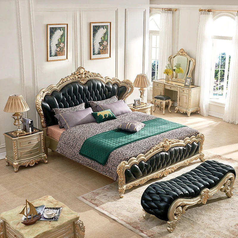 European Style Villa Double Bed: French 2-Meter King Bed, All Solid Wood with Luxury 1.8-Meter Design, Champagne Gold Genuine Leather.