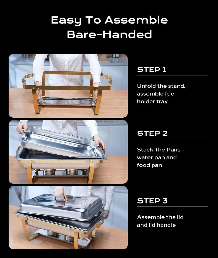 4-Pack 8QT Chafing Dishes for Buffet – Elegant Gold and Silver Stainless Steel Set, Sturdy and High-Quality.