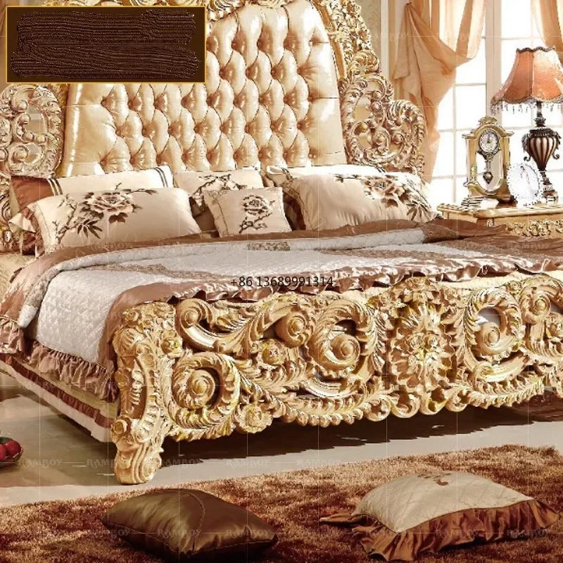 Custom European luxury leather bed, hand-carved from French solid wood