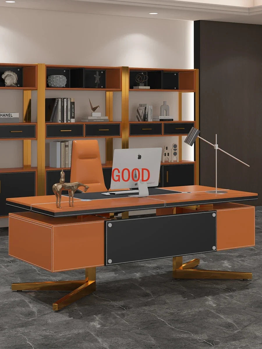 Luxury Modern Minimalist Desk Study Home Saddle Leather Designer Writing Desk Computer Mesa De Escritorio Office Furniture KMOD