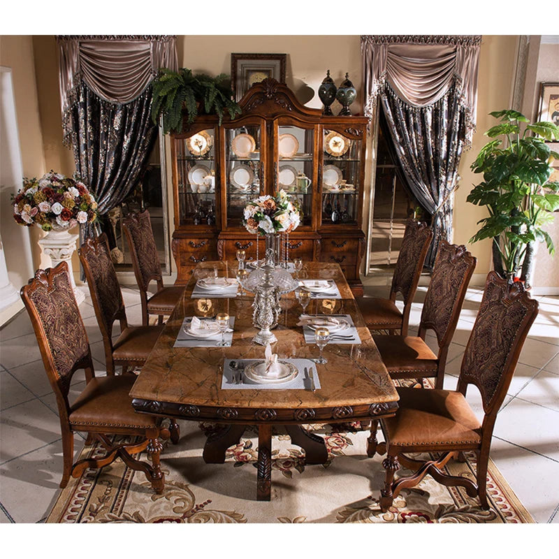 High-Quality Antique European Dining Table Set—French and Italian Hand-Carved Marble