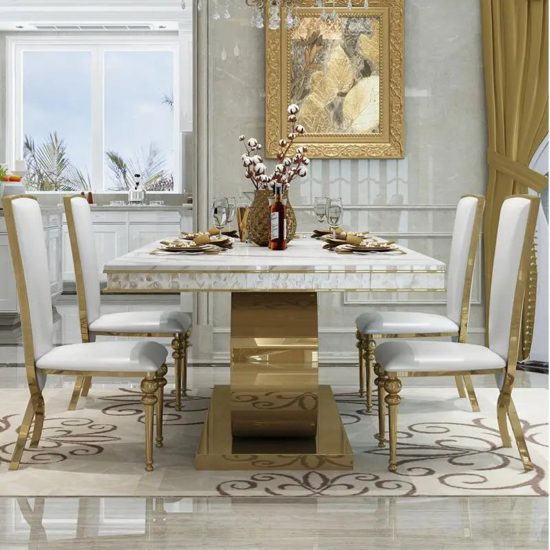 Modern Marble Dining Table And Chairs Combination Legs Metal Stainless Steel Top Crown Apartment Golden Mesas Carved Furniture