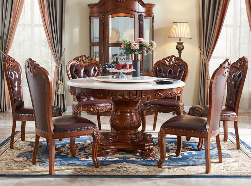 American Solid Wood Marble Dining Set: Light Luxury Rotating Round Table and Chairs