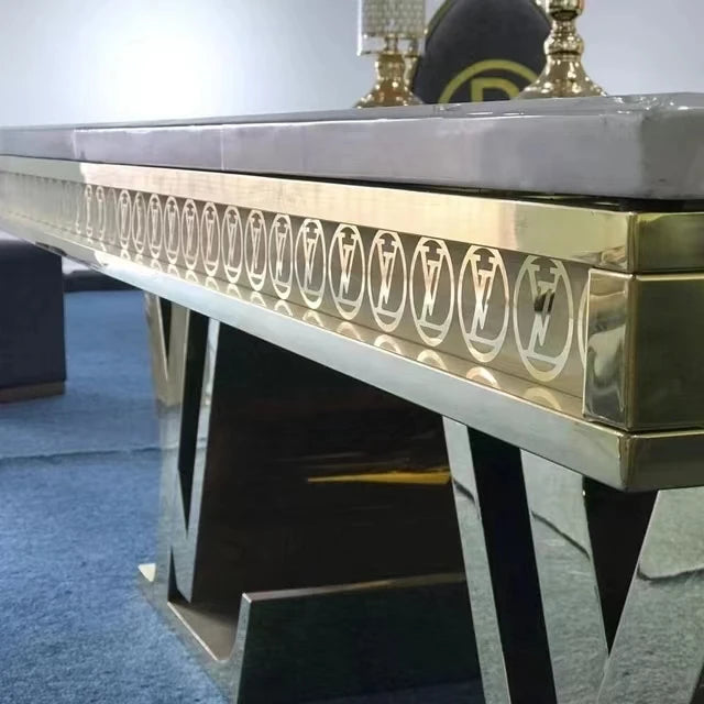 High End Luxury Lifestyle Visonnaire Gold Brass Stainless Steel Dining Table Big Rectangle Marble Table