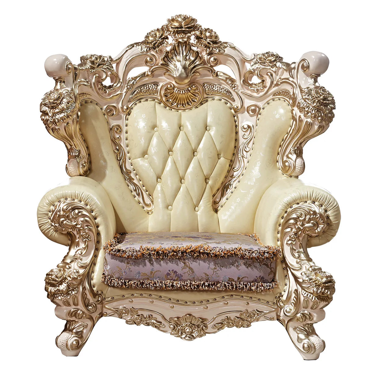 European-Style Oversized Leather Sofa: Villa Club Furniture in Ivory White with Gold Accents, Solid Wood, 123 Sofas for Living Rooms.