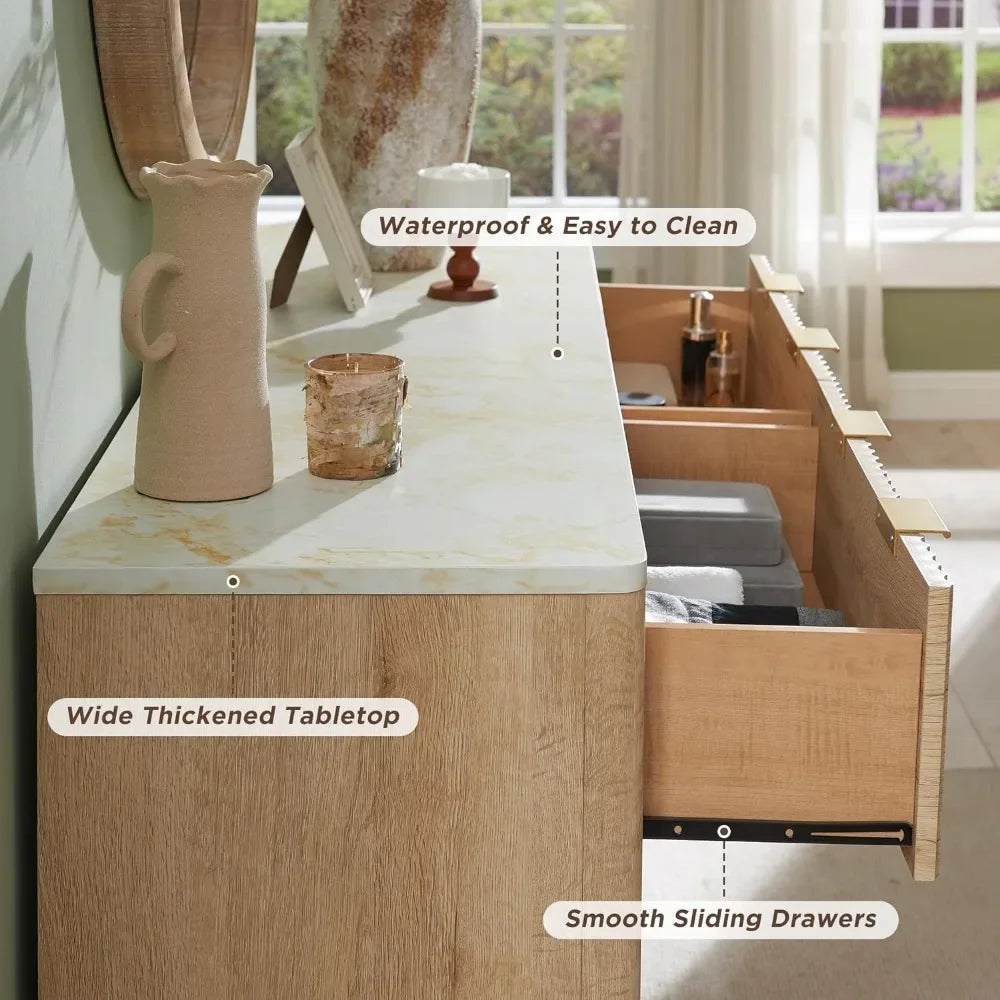Fluted 6 , 54" Wide Modern Chest of Drawers with Faux Marble Top, Curved Profile Design, Wood Drawer Natural Oak