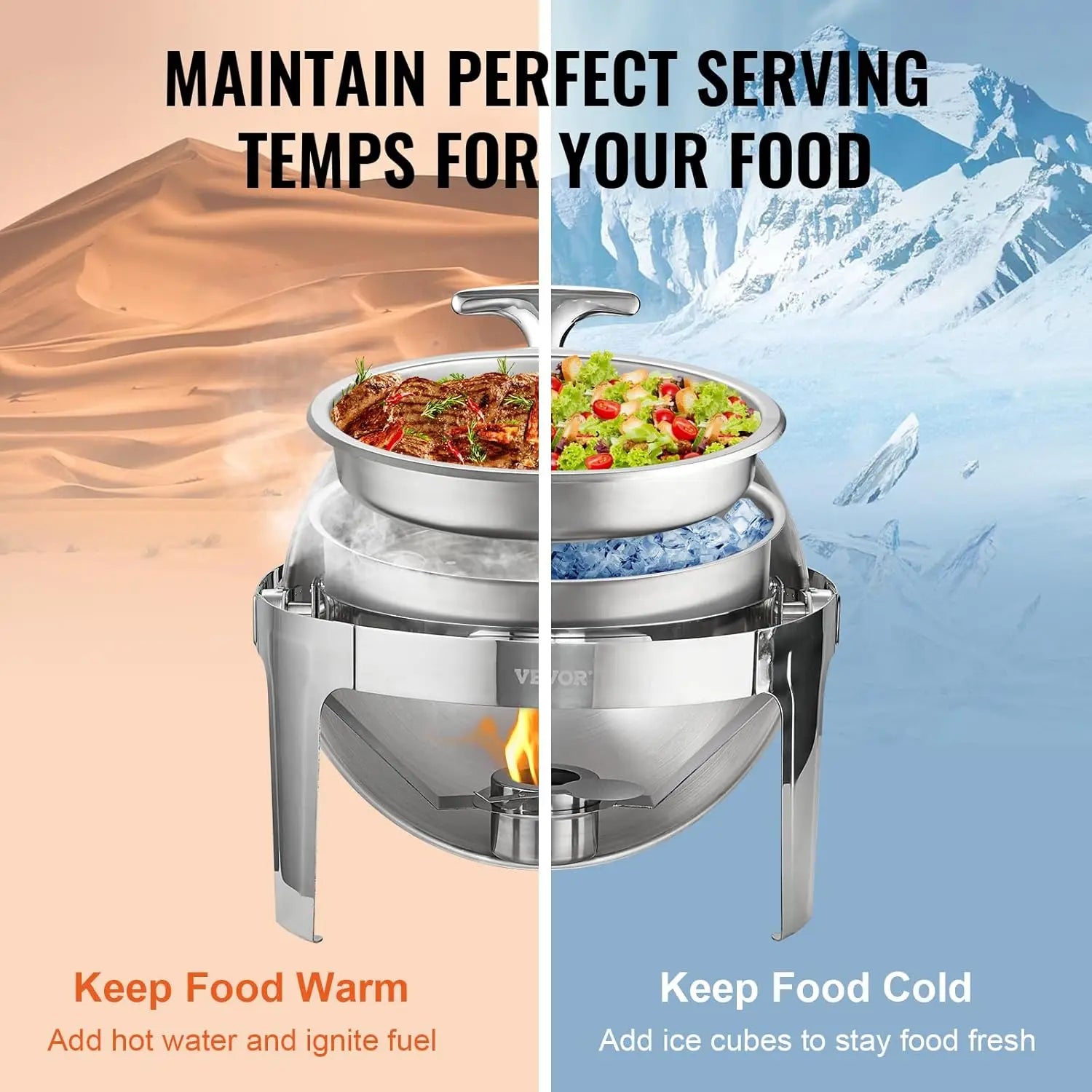 VEVOR Roll Top Chafing Dish Buffet Set, 6 Qt 2 Pack, Stainless Steel Chafer with 2 Full Size Pans, Round Catering Warmer Server