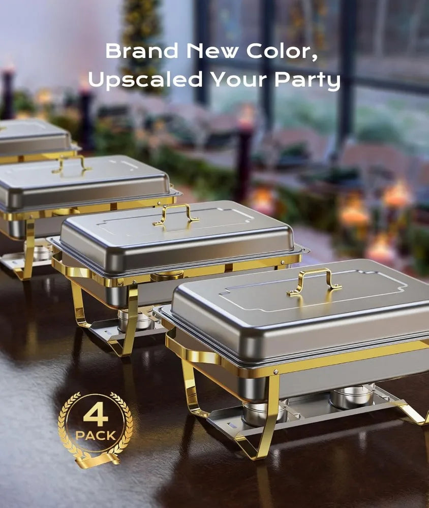 4-Pack 8QT Chafing Dishes for Buffet – Elegant Gold and Silver Stainless Steel Set, Sturdy and High-Quality.