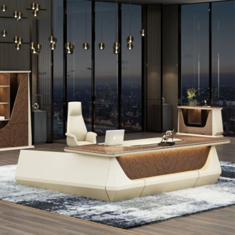 L-Shaped Office Desk with Storage Drawers and Filing Cabinets