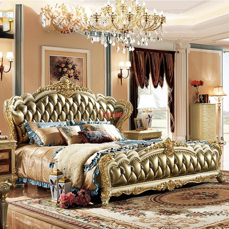 Pafia European Villa Leather Bed 1.8m Big Bed Solid Wood Carved Bed Wholesale