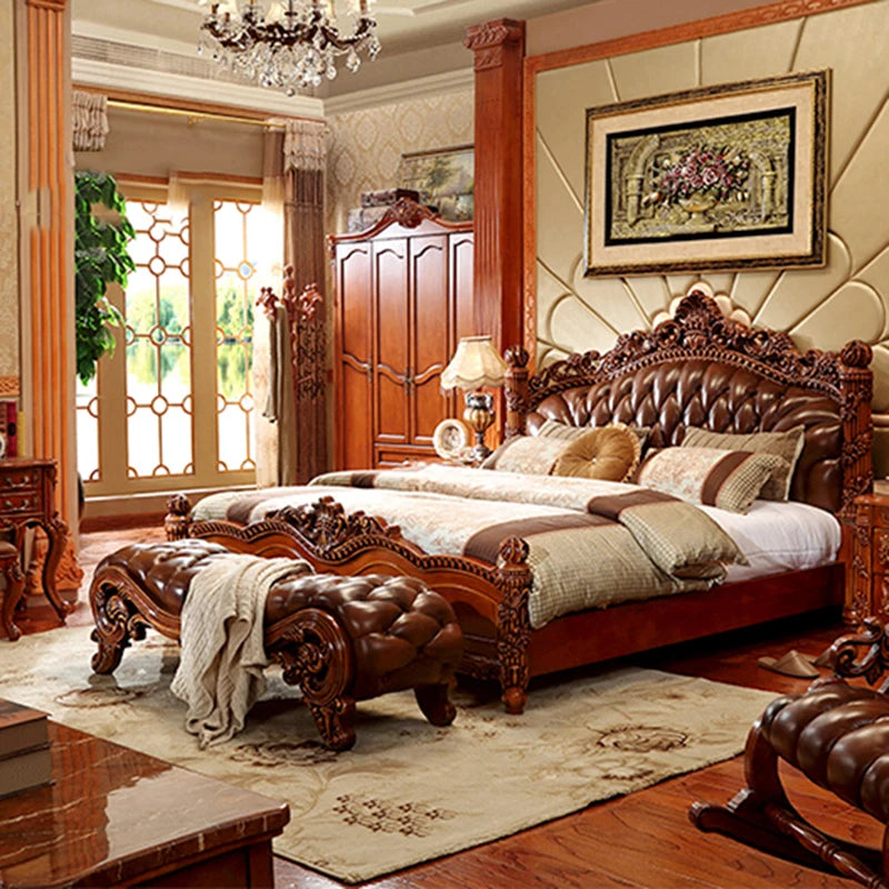 American Princess Oak Double Bed – European Style with Leather and Modern Storage.