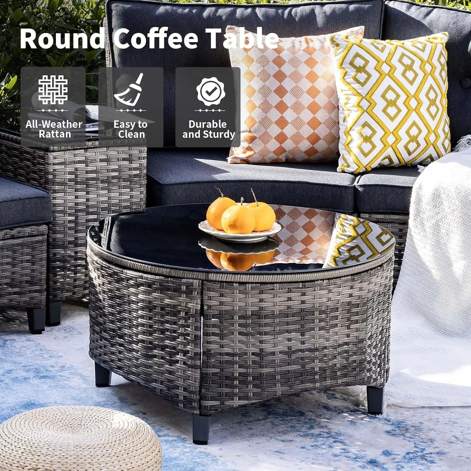 9-Piece Outdoor Patio Furniture Set: Half-Moon Curved Rattan Sectional Sofa with Wood Armrests for Stylish Conversation.
