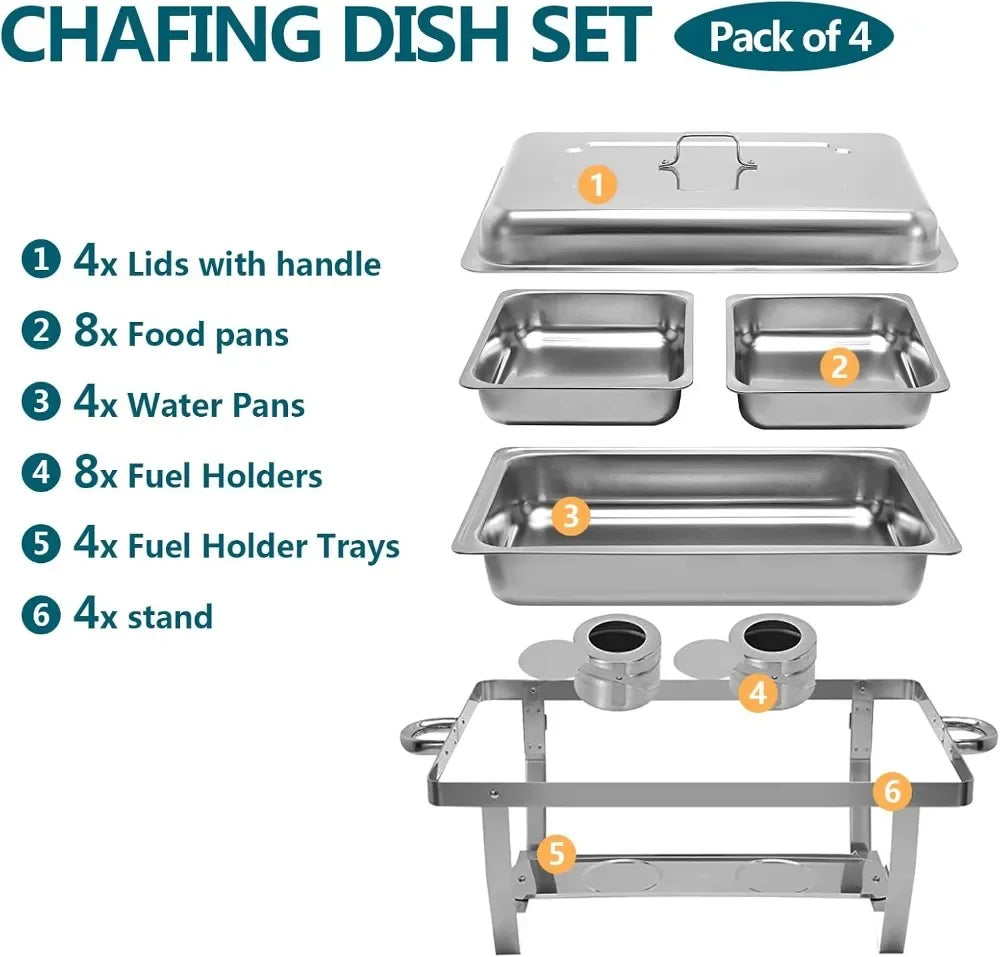 8QT Chafing Dish Buffet Set – 4-Pack Stainless Steel Servers with Covers, Warmers, and Folding Stands.