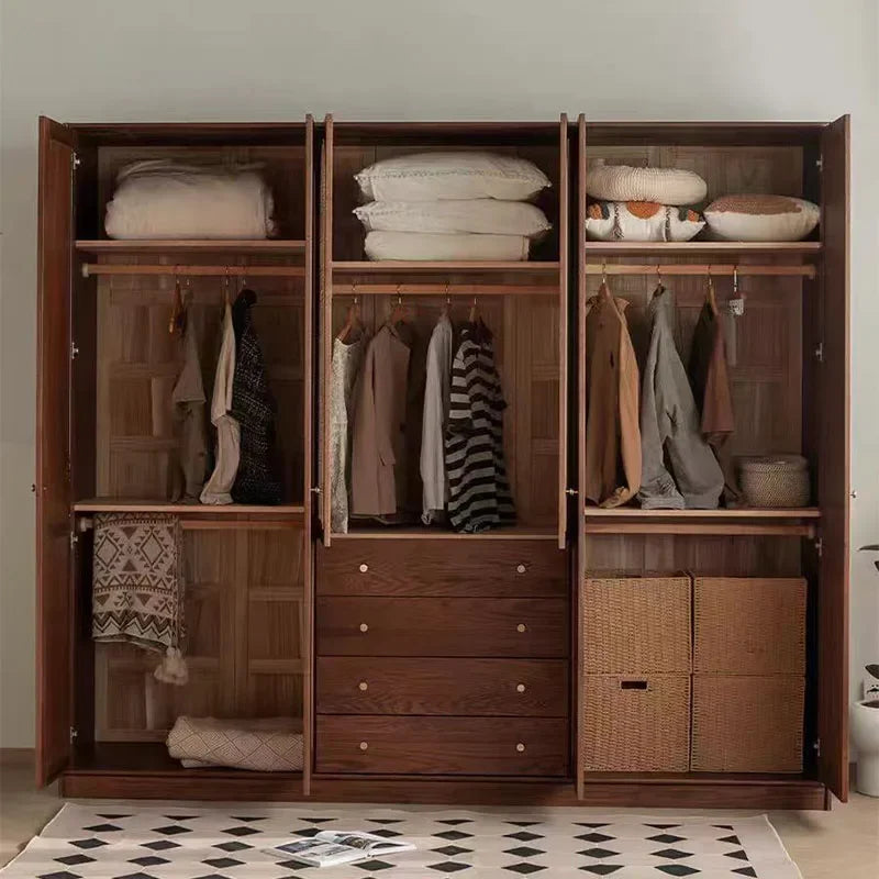 Nordic solid wood wardrobe oak walnut color bedroom rattan simple wardrobe cherry wood log custom