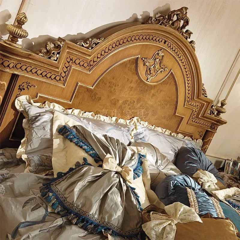 Custom-made American country solid wood double bed, featuring European luxury palace-style carvings.
