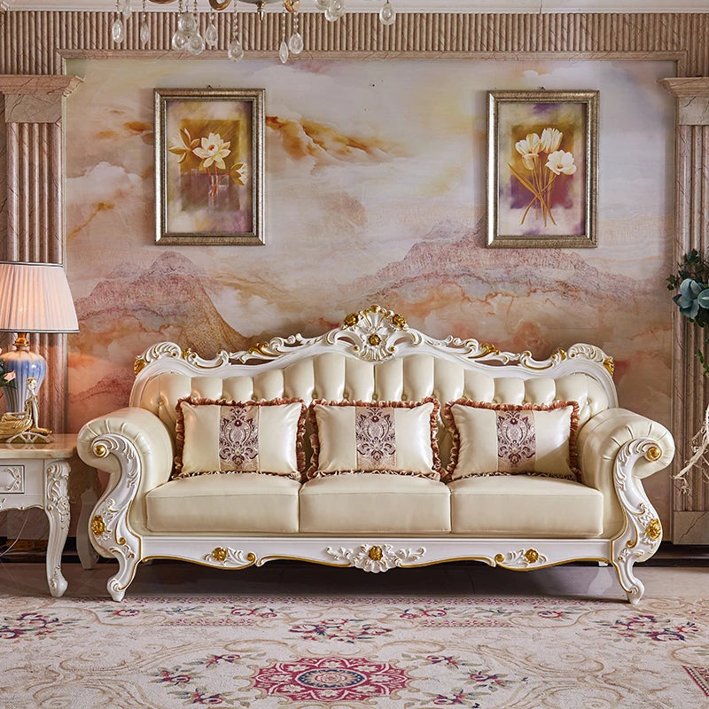 Luxury Ivory White Leather Sofa Set with Oak Carving