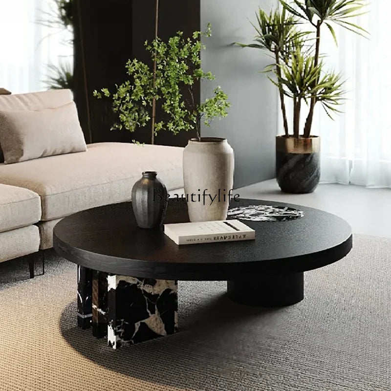Italian black round coffee table modern simple light luxury marble rock slab coffee table