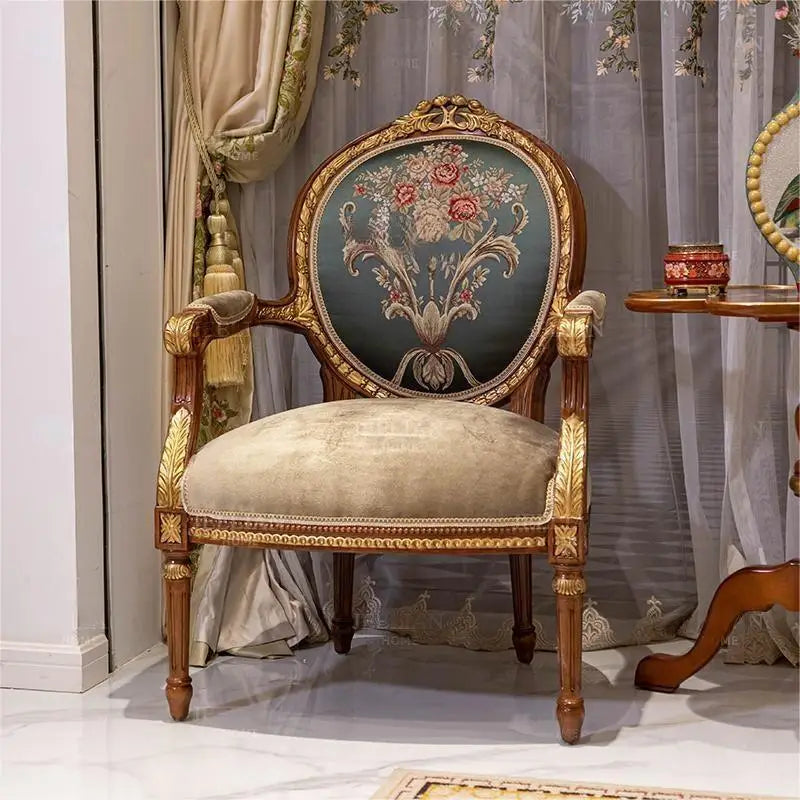 European Style Retro Classical Solid Wood Beech Sofa Chair: Dark Green Floral Design with Elegant Brown and Gold Foil Accents for Villa Decor.