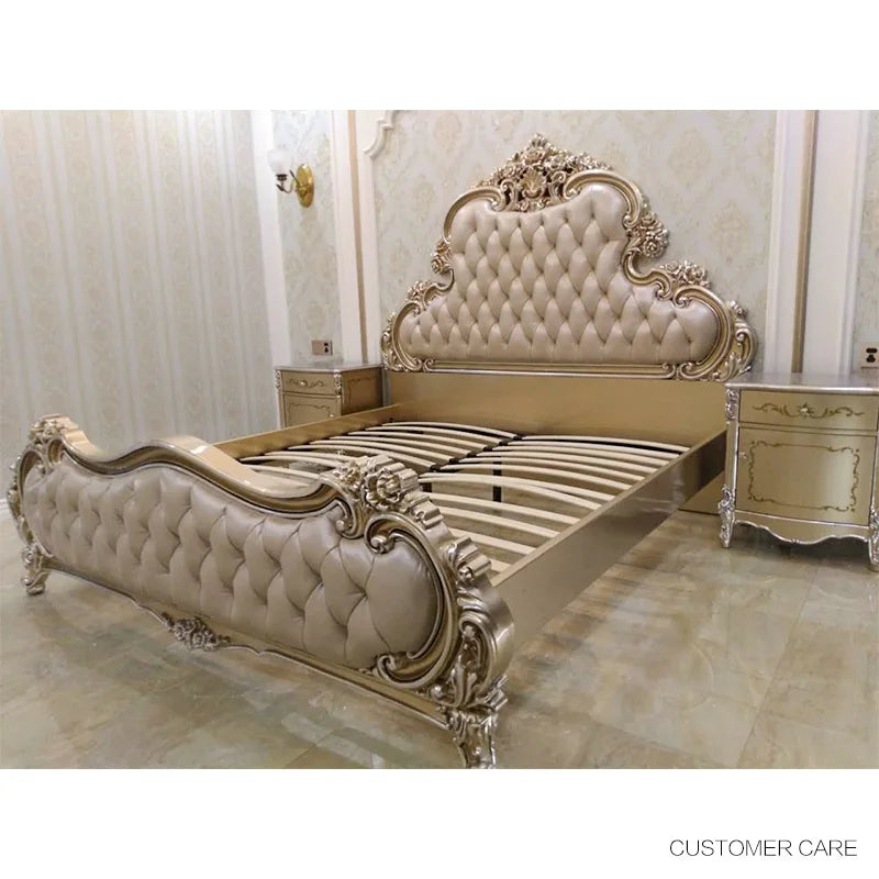 French Baroque leather double bed 1.8M luxury European solid wood master bedroom king bed neoclassical wedding bed
