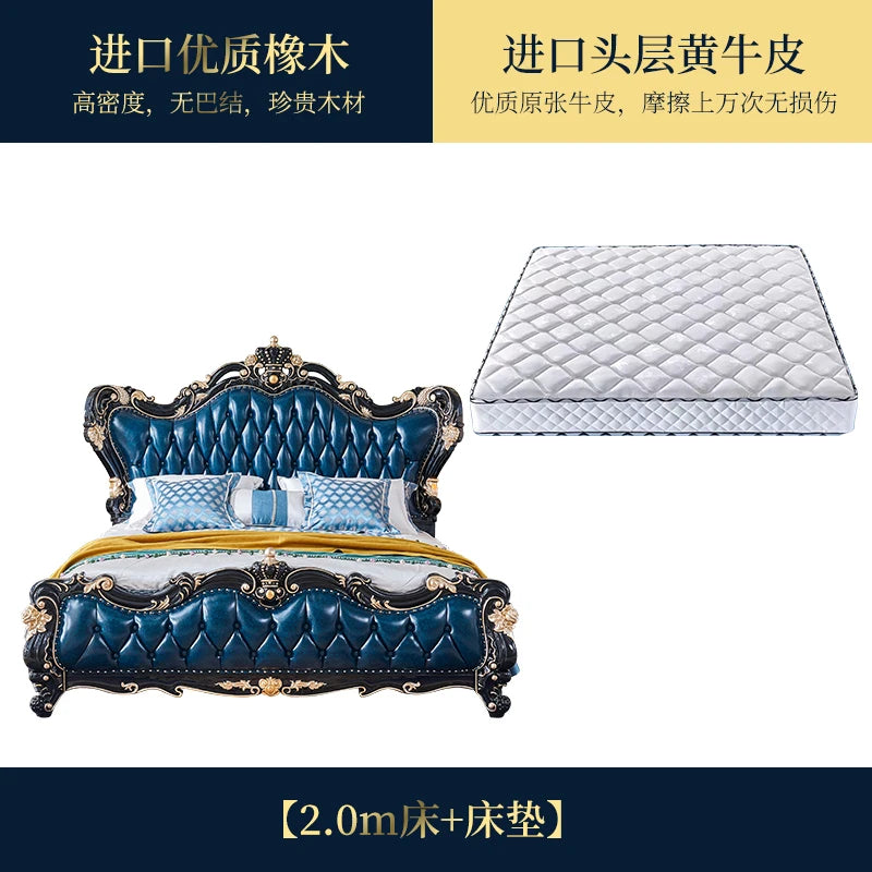 Genuine leather double bed villa luxury French style top layer cowhide wedding bed master bedroom