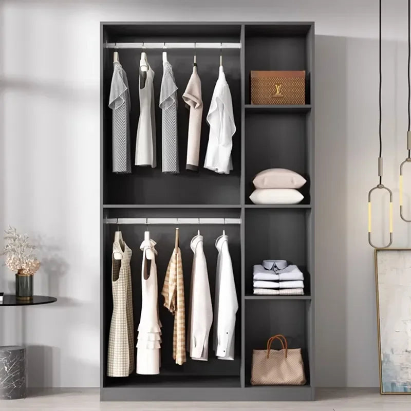 Bedroom Closet System – Sliding Door Wardrobe with Open Shelves, Hangers, and Cabinets